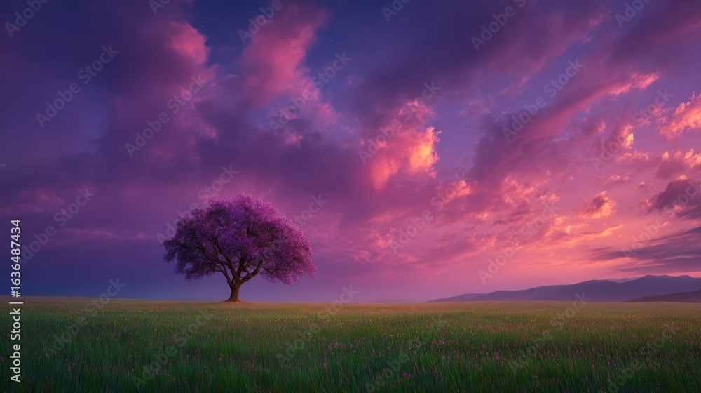Fototapeta premium Solitary tree with pink leaves on a green field under a dramatic sky