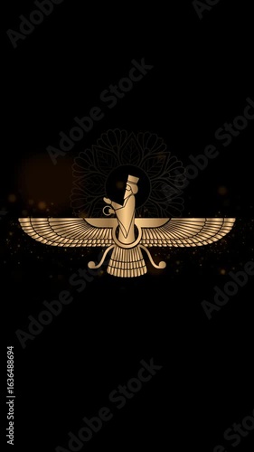 Parsi new year video.A golden Faravahar emblem glows on black, symbolizing navroz Parsi New Year, renewal, and heritage with elegant, ceremonial design. Happy Parsi new year.