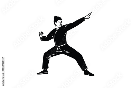 Martial Artist in Fighting Stance Black Belt Training Isolated on White Background Silhouette