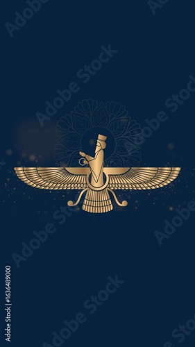 Parsi new year video.A golden Faravahar emblem glows on black, symbolizing navroz Parsi New Year, renewal, and heritage with elegant, ceremonial design. Happy Parsi new year.