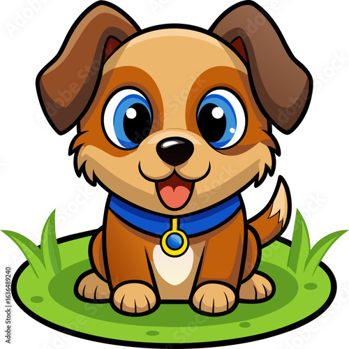 Wallpaper Mural Adorable cartoon puppy sitting in green grass wearing a blue collar Torontodigital.ca