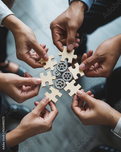 Collaborative Assembly: A circle of hands meticulously connecting puzzle pieces and gears. Illustrating teamwork, problem-solving, and the synergy of human collaboration in a modern, close-up view.