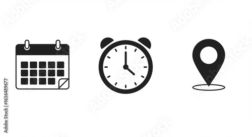 Vector art of calendar, clock, and location pin icons isolated on white background