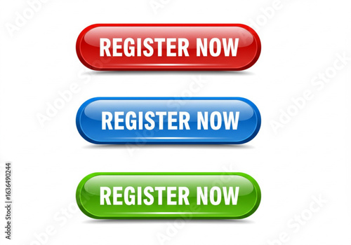 Vector art of three register now buttons in red, blue and green isolated on white background