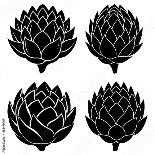 Four black and white artichoke illustrations arranged in a square pattern on a white background