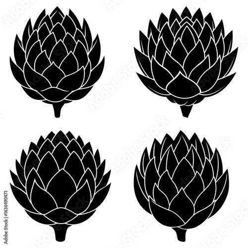 Four stylized artichoke heads in black and white arranged in a square formation on white background