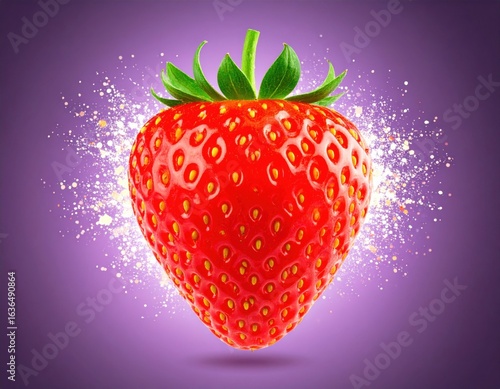 Vibrant red strawberry with a striking background of colorful splashes in a playful artistic rendering