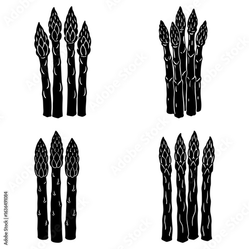 Four groups of asparagus spears in black and white creating a simple and clean design element look