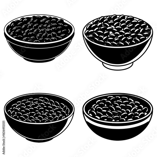 Four bowls filled with dark beans arranged in a square pattern on a white background illustration style