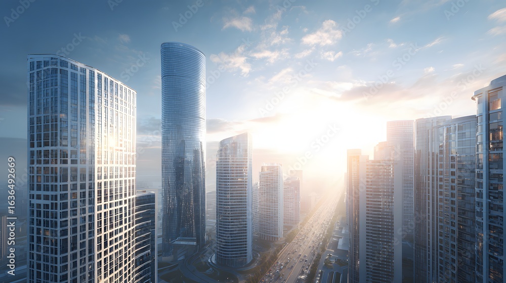Obraz premium City skyline with numerous high-rise buildings at sunrise.