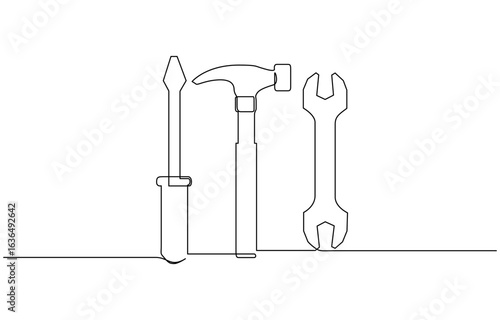 Continuous one line drawing of Repair and Construction Tools vector illustration. Editable outline