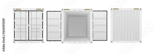 Shipping cargo containers with open, closed doors realistic set. Steel freight boxes for storage, transportation. Vector ship container.