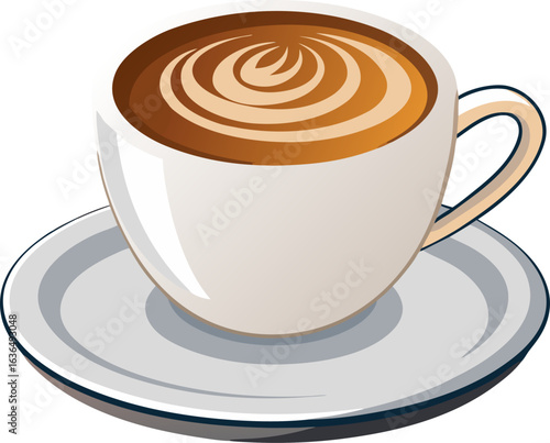 A white coffee cup with cappuccino stands on a white saucer. stock illustration