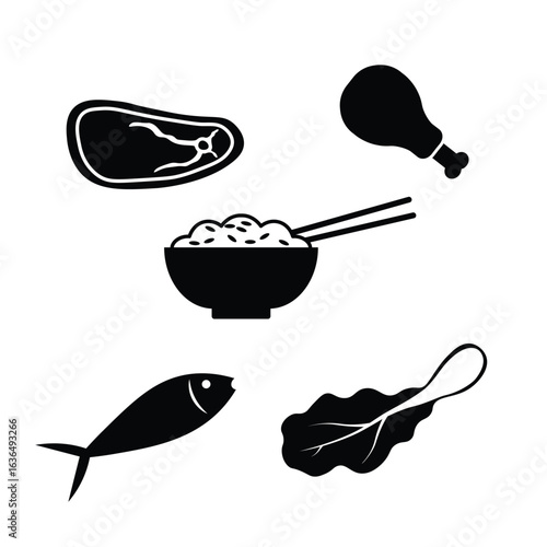 Set of food icons in black silhouette style on white background, including rice in a bowl with chopsticks, meat, fish, chicken drumstick, bok choy