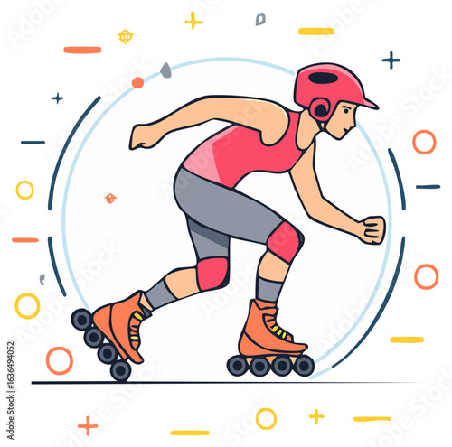 Dynamic vector illustration of a person rollerblading with a helmet and protective gear