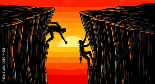 Two climbers reaching for each other against a vibrant sunset, teamwork concept for success and overcoming challenges