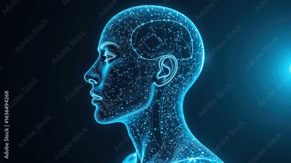 Obraz premium Futuristic digital human head with glowing circuits and data patterns, representing artificial intelligence and technology