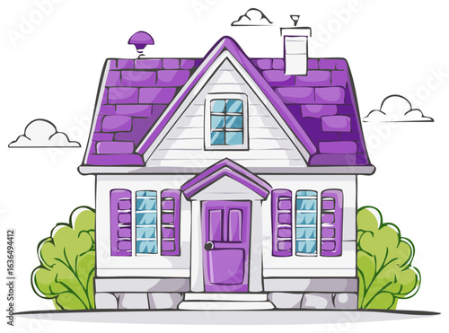 Cute Cartoon House with Purple Roofs, Shutters, Door and Trim and Green Bushes in the Yard on a White Background