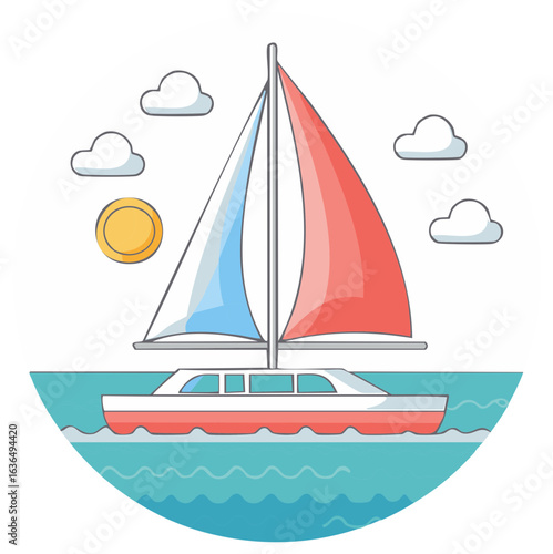 Stylized sailboat with red and blue sails gliding across ocean waves under a sunny sky with clouds.
