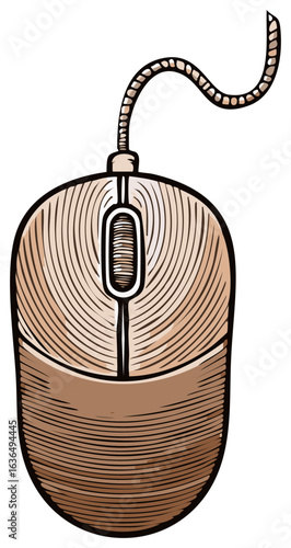 Woodcut-style wired computer mouse with scroll wheel, graphic, for computing tasks.