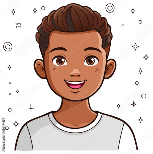 Smiling boy with brown hair and eyes wearing a grey t-shirt with stars and circles around him