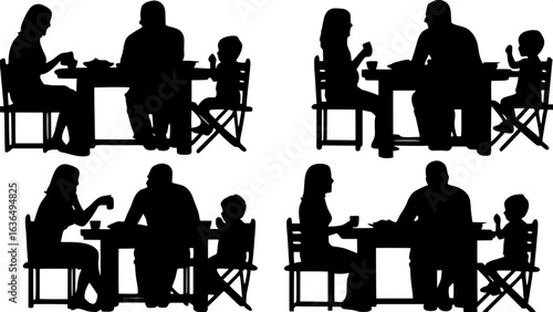 "Collection of black and white silhouettes showing various family groups — two parents and multiple children — eating together at outdoor tables. The scenes are flat, two-dimensional, and depicted fro