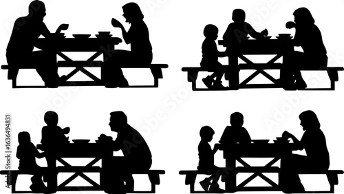 "Collection of black and white silhouettes showing various family groups — two parents and multiple children — eating together at outdoor tables. The scenes are flat, two-dimensional, and depicted fro