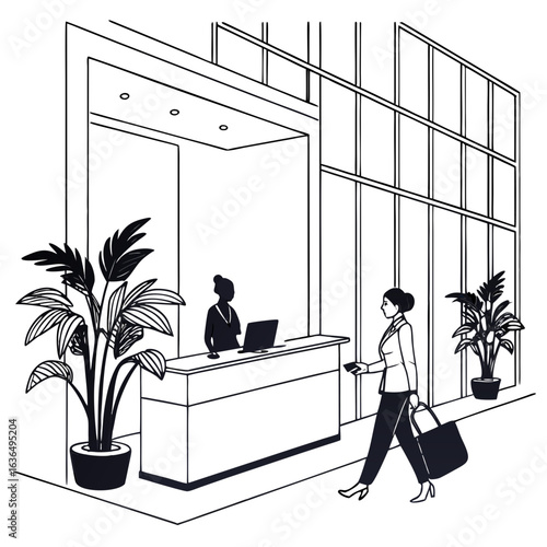 Businesswoman arriving at a modern office reception desk greeted by a receptionist with plants