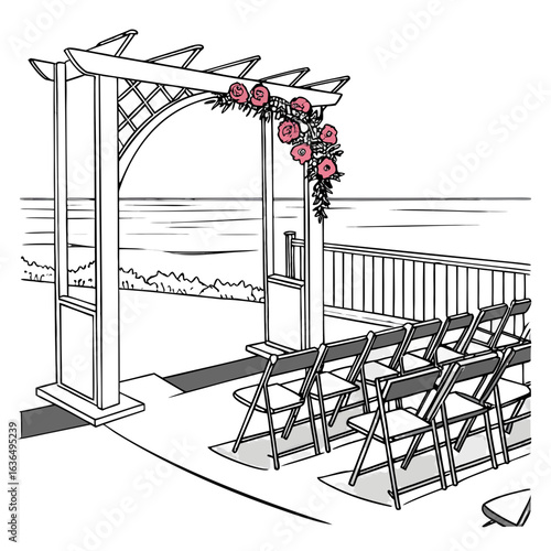 A minimalist sketch of an outdoor wedding ceremony setup with a floral arch and rows of chairs awaiting guests
