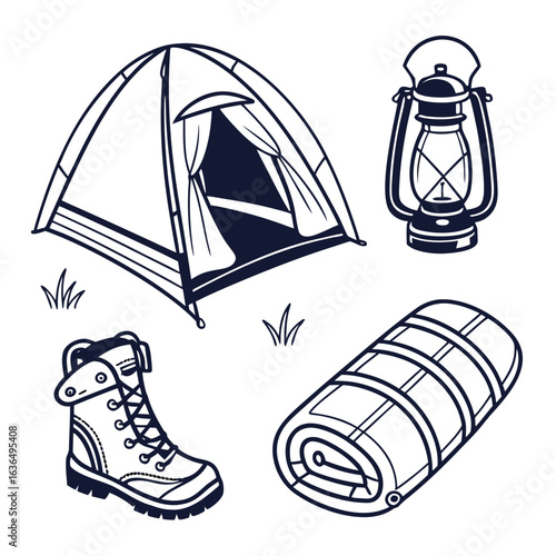Collection of camping gear including a tent lantern hiking boot and rolled sleeping bag on a white background
