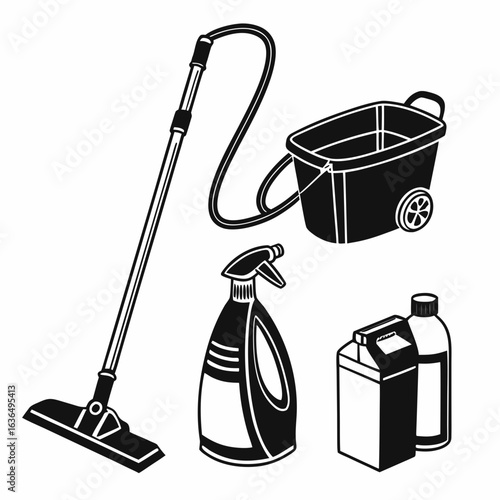 Collection of cleaning supplies including a mop spray bottle cleaning solutions and a wheeled bucket for household chores