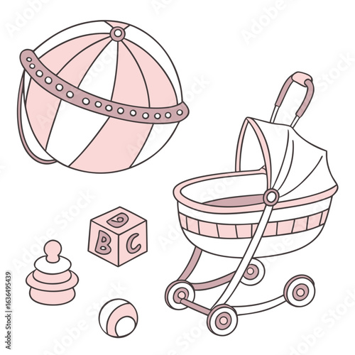 Collection of cute pink and white baby toys including a pram stacking rings alphabet block and balls