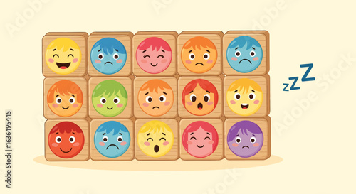 Colorful emoji emotions displayed on wooden blocks, conveying feelings of joy, sadness, anger, and surprise, perfect for educational content