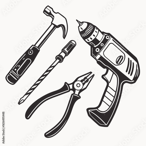 Collection of essential hand and power tools including a hammer screwdriver pliers and cordless drill