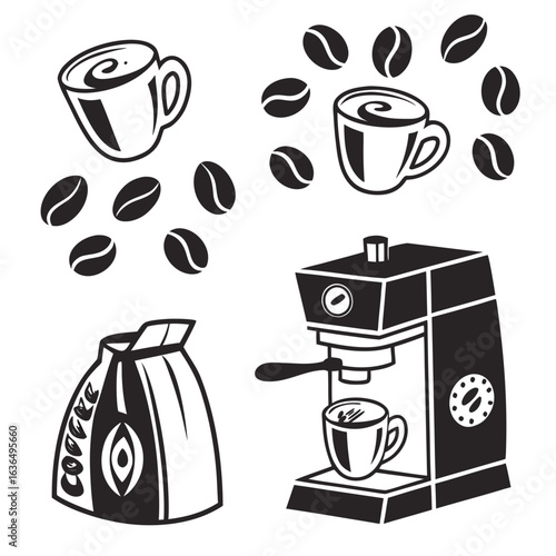Collection of stylized black and white icons representing coffee beans cups of coffee a coffee bag and a coffee maker