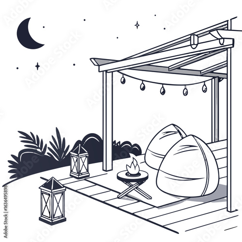Cozy backyard patio at night with string lights lanterns and beanbag chairs around a fire pit