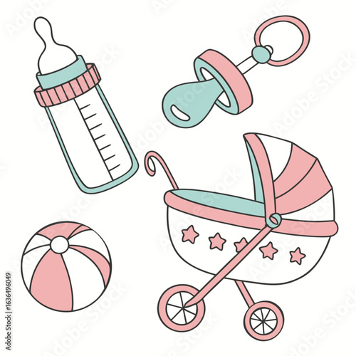 Cute hand drawn baby items including a bottle pacifier stroller and ball in pastel colors