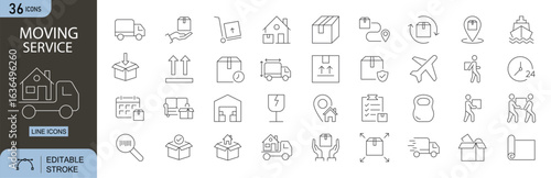 Moving Service icons set. Includes moving truck, boxes, dolly, delivery van, house , checklist, calendar, truck driver, and storage unit. Editable stroke, line icons. Perfect for infographics,