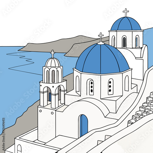 Iconic greek orthodox churches with blue domes perched on a cliffside overlooking the aegean sea