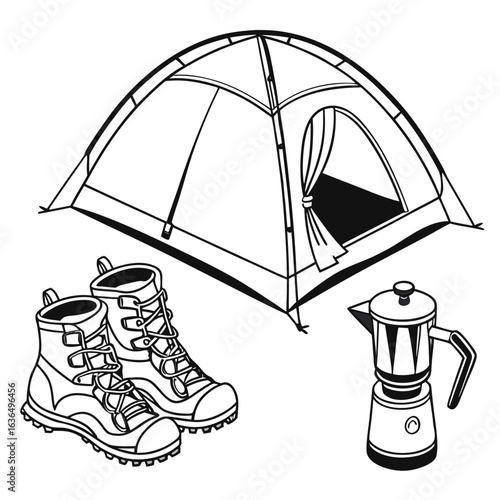 Illustration of camping equipment including a tent hiking boots and a stovetop coffee maker on a white background