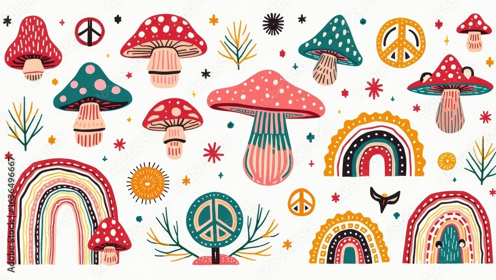 Colorful whimsical mushroom, rainbow, and peace symbol design collection. Colorful whimsical mushroom, rainbow, and peace symbol design collection.
