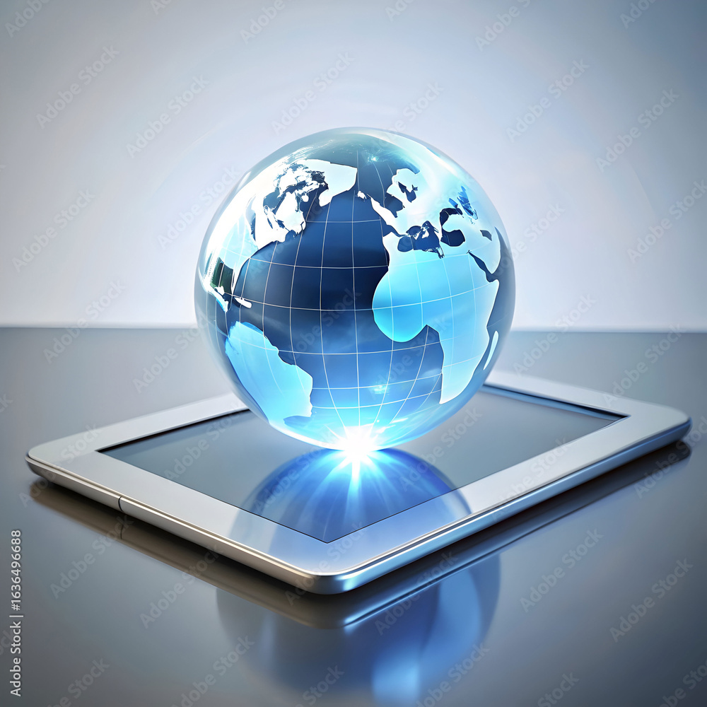 floating 3d hologram globe above digital tablet