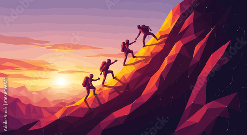 Teamwork and perseverance conquering mountain peaks at sunset with vibrant colors, inspiring achievement and collaborative spirit