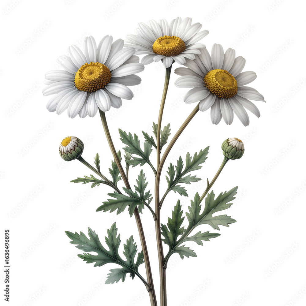 Fototapeta premium Daisy Blossoms: These simple, classic daisy blooms with bright petals radiating from a sunny yellow center. Their stems reach elegantly, framed by green, fern-like leaves