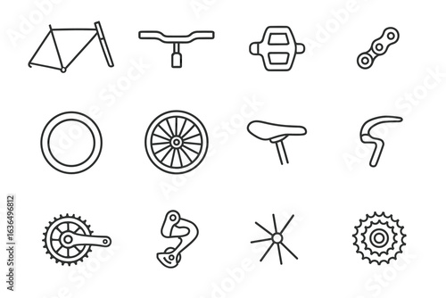 Bicycle parts icons collection: frame, handlebar, pedal, chain, wheel, saddle, gear, spokes