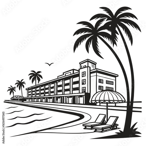 Stylized black and white illustration of a beachfront hotel with palm trees lounge chairs and an umbrella
