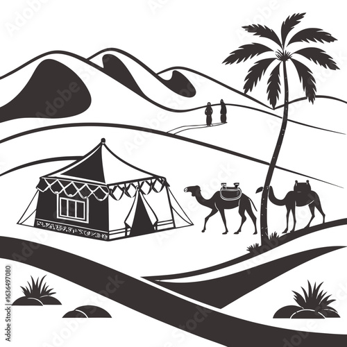 Stylized black and white illustration of a desert landscape with a tent camels and palm tree under rolling dunes