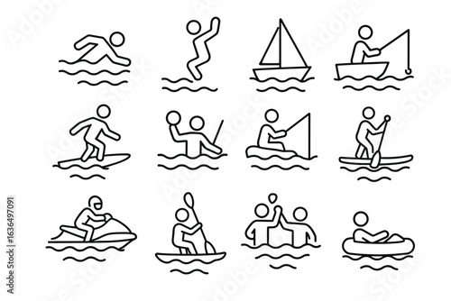 Outline icons of water sports and activities set