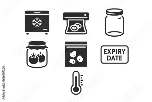 Icons of food storage: freezer, expiry date, jars, thermometer, food bags