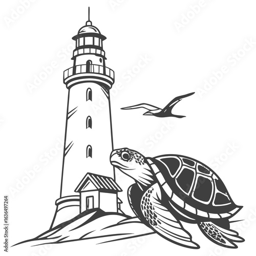 Stylized illustration of a sea turtle and seagull near a lighthouse on a rocky shore